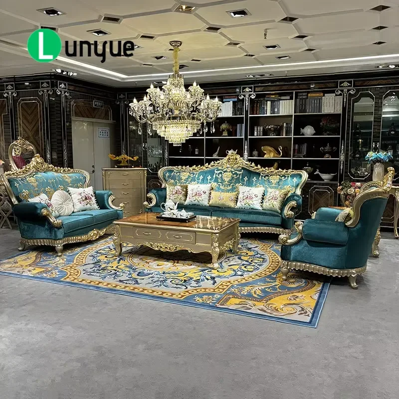 French European Style Solid Wood Velvet Sofa Set with Sponge Filling Movable Luxury Living Room Furniture for Home Decor