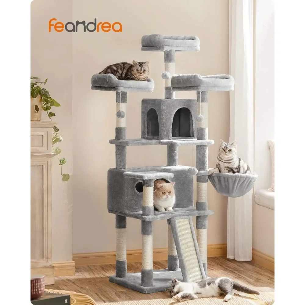 Things for Cats Toys 2 Caves Board Large Cat Tower Cat Condo With Scratching Posts 66.5 Inches Light Gray Freight Free Pet Toy