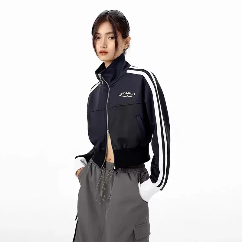 Double Zip Sweatshirt for Women, High Collar Color Contrast Stripe Crop Track Jacket