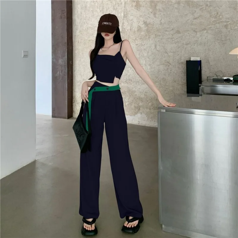 Fashion Spicy Girl Irregular Sling Vest Top Wide Leg Suit Pants Two-piece Set Women Shirring Collarbone Solid Slim Summer Set