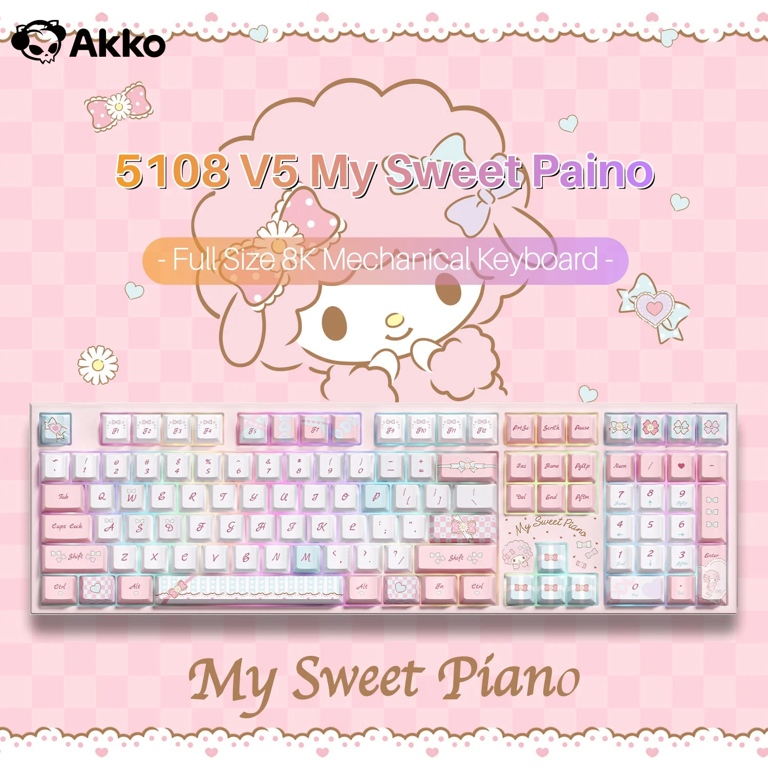 Akko 5108 V5 Mechanical Keyboard My Sweet Piano 108-Key Full Size Per-Key Flex-Cut Hot Swap 8K Polling Rate Wireless Keyboard