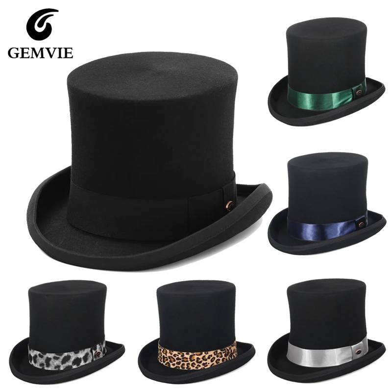 GEMVIE 17cm 100% Wool Felt Top Hat for Men Women Topper Derby Fedora Cylinder Hat Mad Hatter Party Costume Magician Theater Hat