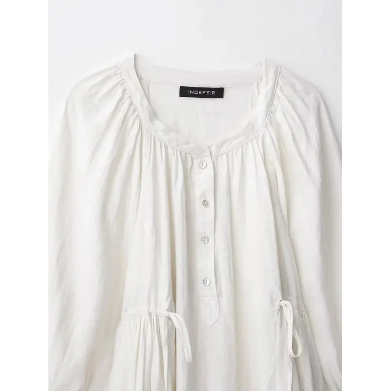 فستان قميص كيمونو من القطن والكتان فضفاض للسيدات مع زخرفة برباط وأكمام طويلة على طراز رداء كاجوال عصري