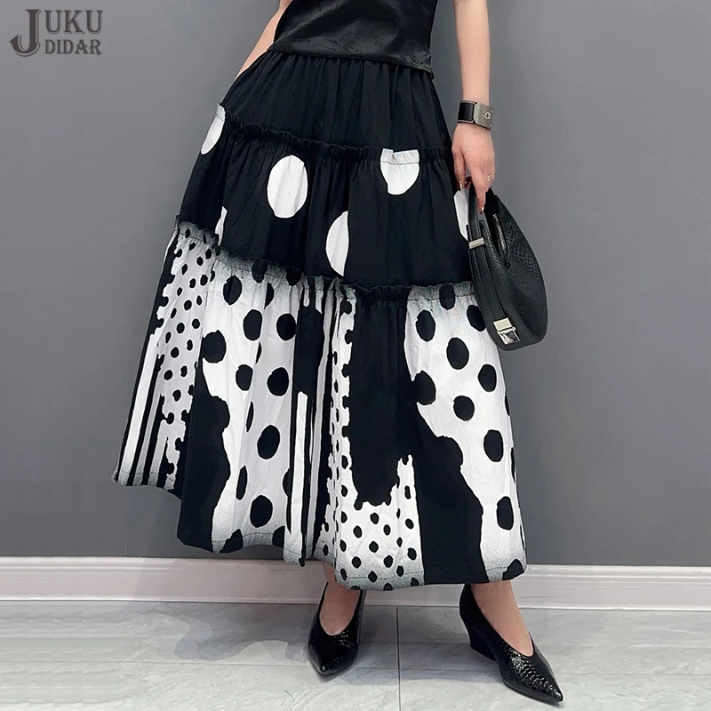 Elastic Waist A-Line Painted Fashion New Korean Style Woman Long Black Skirt Dots Printed Girls Casual Loose Fit Skirts JJSK037