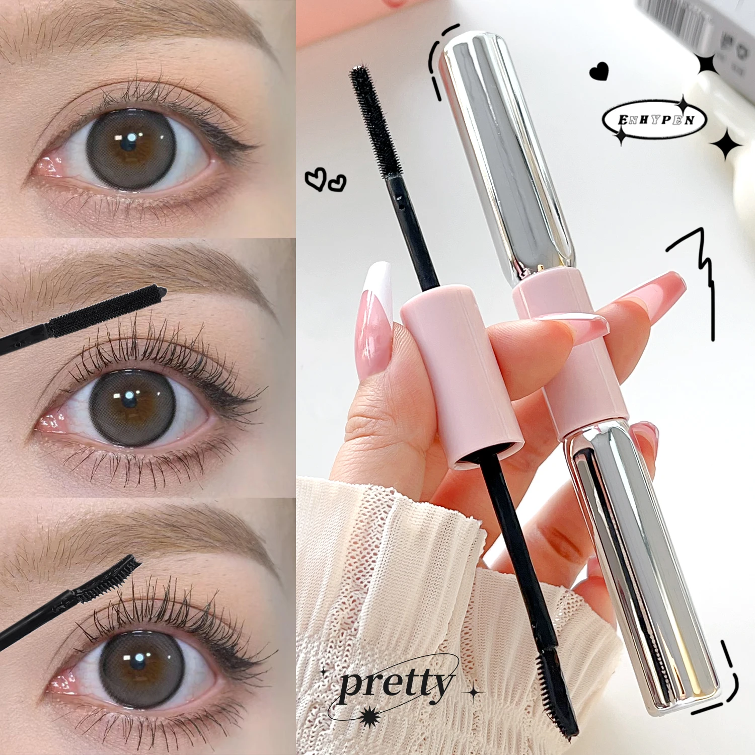 2IN1 Brush Mascara Waterproof Black Lengthening Eyelash Non-smudge Natural Curling Fine Brush Mascara Lash Extension Makeup Tool