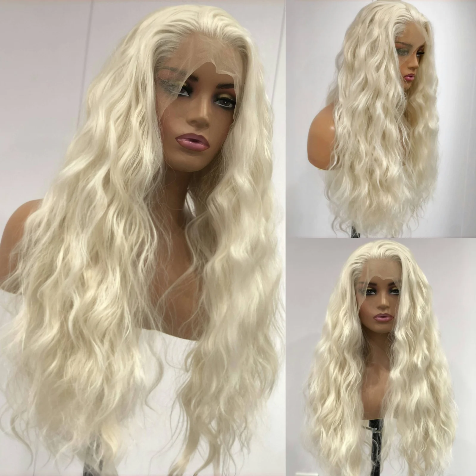 

Platinum Blonde Long Curly Synthetic Lace Front Wig Natural Wavy Deep Wave White Blond Colored Hair 13X4 Frontal Wigs for Women