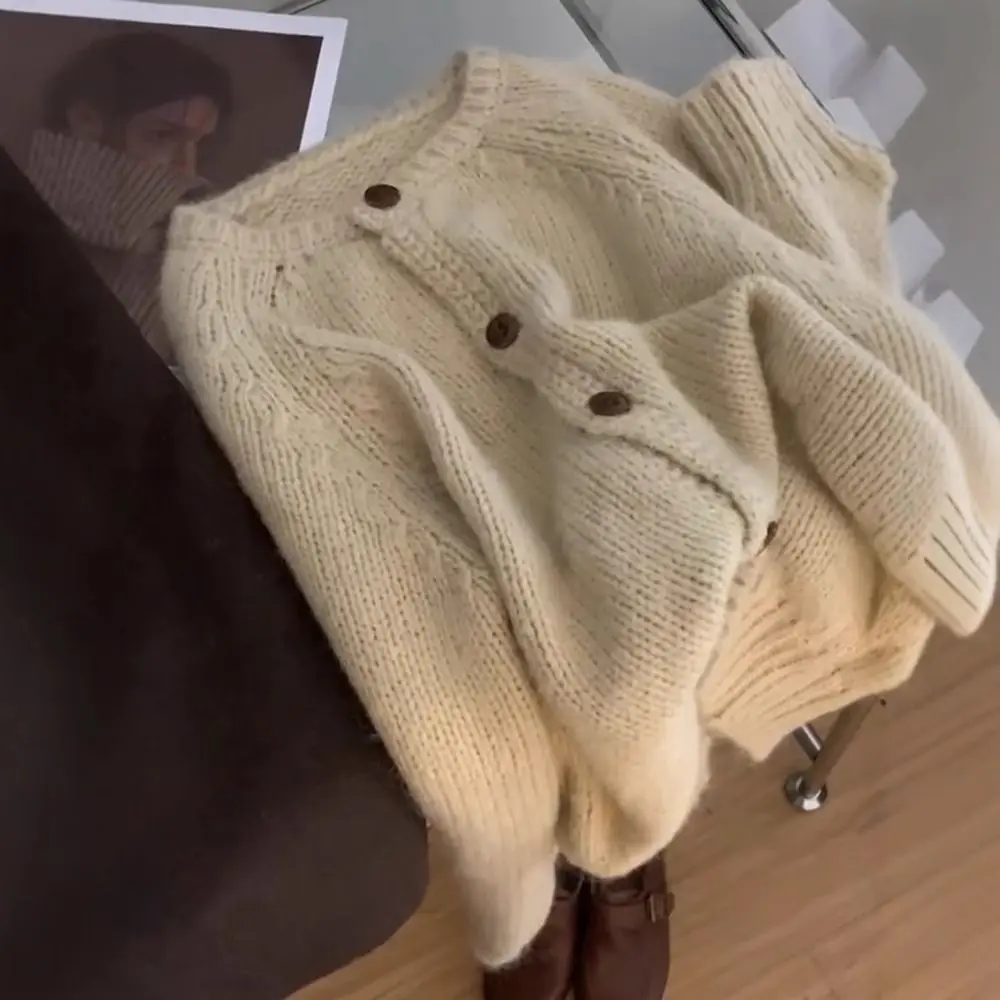 

Французский повседневный модный элегантный вязаный абрикосовый кардиган, осенне-зимний новый однобортный свитер с круглым вырезом, женская одежда