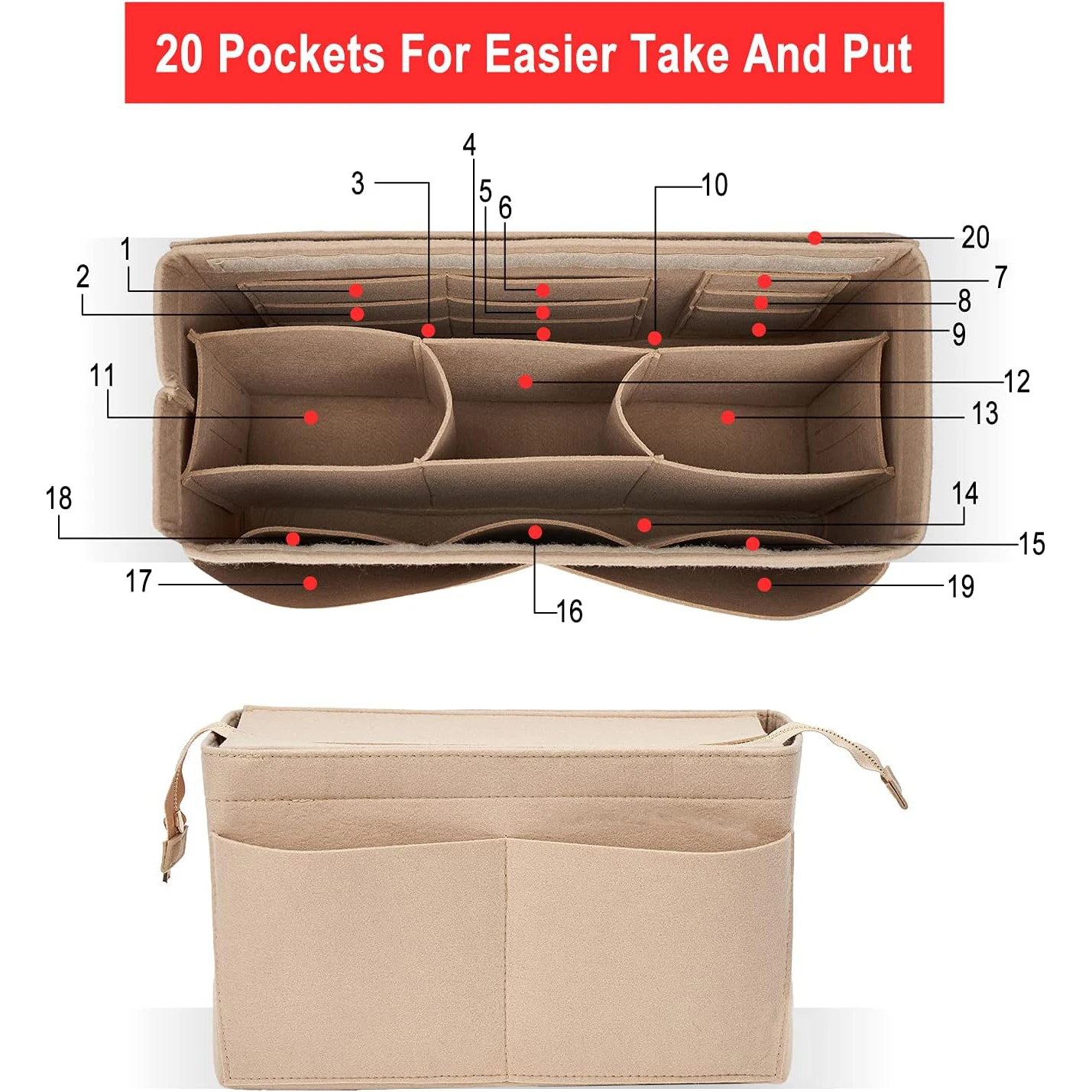 Фетровая вставка-органайзер для сумки Onthego MM со съемными карманными разделителями на молнии для управления беспокойством кошелька