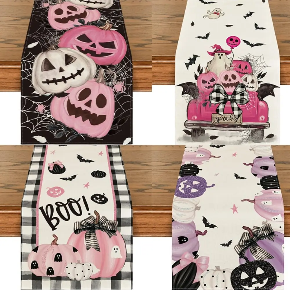 Pink Jack-O-Lantern Pumpkin Bat Halloween Tablecloth Pastel Halloween Flax Halloween Table Runner Trick or Treat Indoor Outdoor