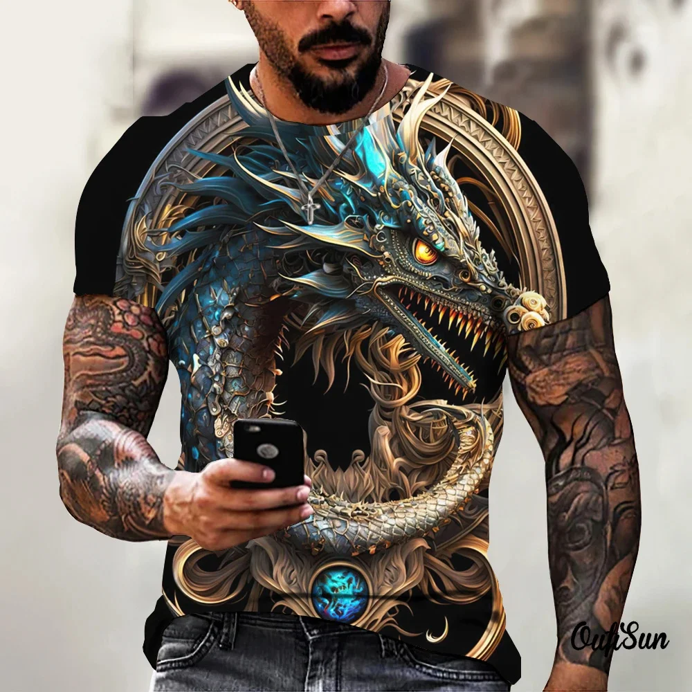 Men's Fantasy Dragon Totem Print Round Neck Short Sleeve T Shirt Summer Holiday Loose Casual Tee Outdoor Party Mens Clothing