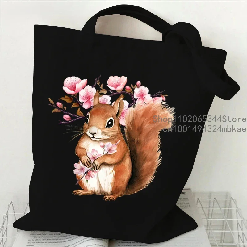 Cute Cherry Blossom Squirrel Print Women Men Shoulder Bags Teenager Cartoon Animal Fashion Trend Travel Beach Bag Female Handbag