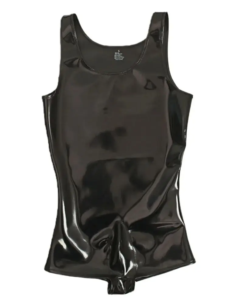 S-3XL Double Sided PU Leather Reversible Vest Catsuit Faux Latex Wet Look Tank Tops Convex Pouch Bodysuit Tights Shapers Teddies