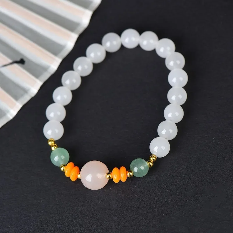 Natural Gold Silk Jade Suet White Bracelet Transshipment Acacia Bean Men and Women Couple Bracelet