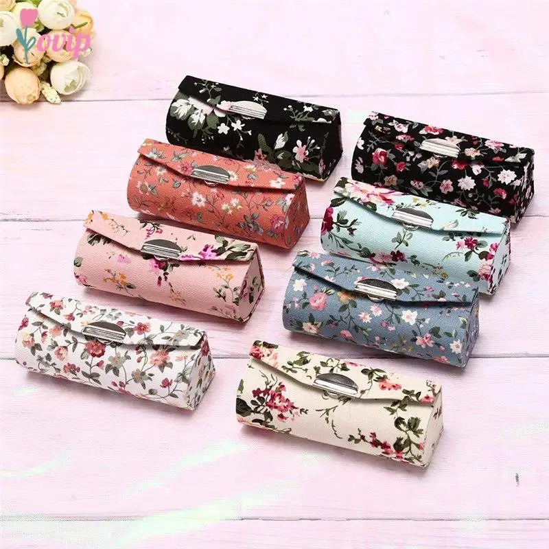 Women Makeup Storage Box Lipstick Box With Mirror Flower Printing Single Lipstick Storage Case Cosmetic Bags