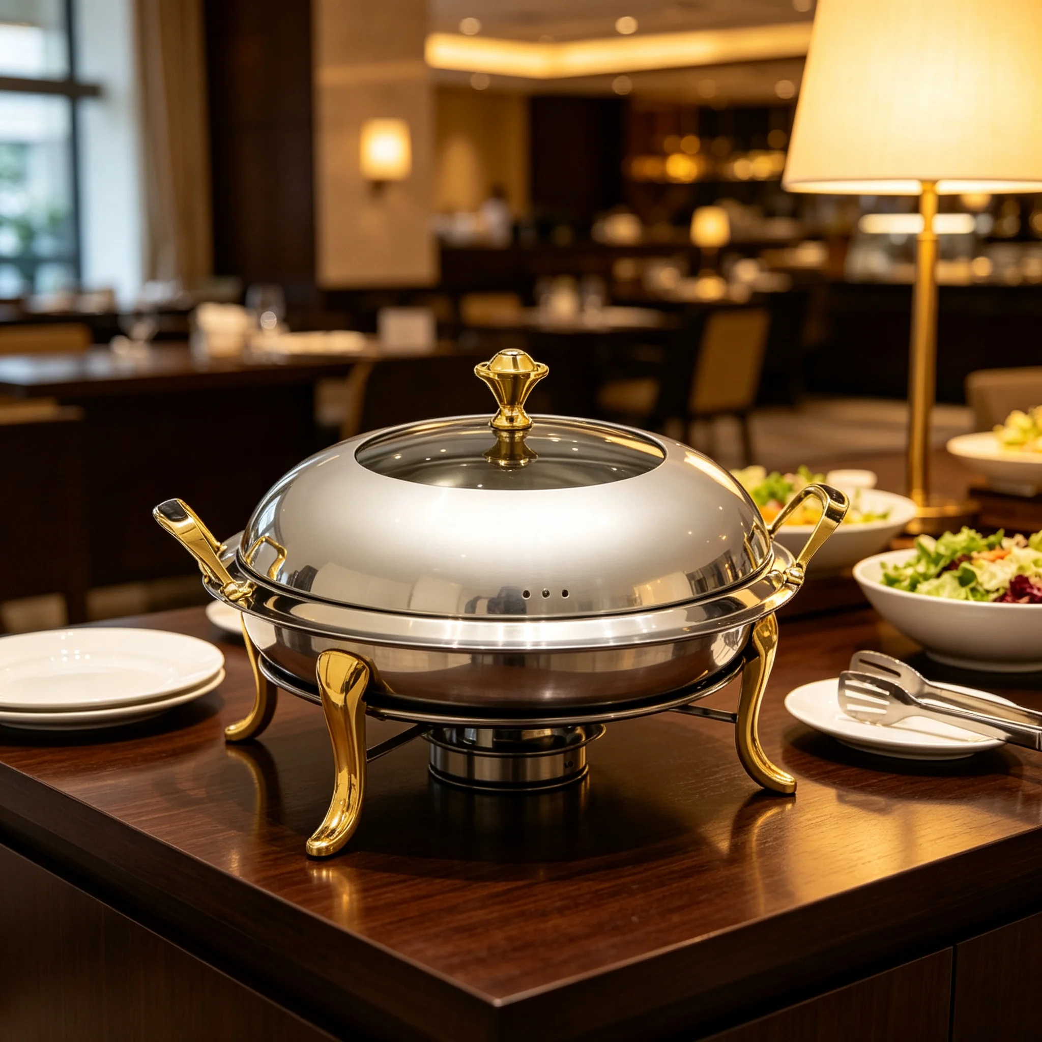 26cm Golden Round Chafing Dish, Stainless Steel Buffet Warmer with Stand Support Frame, Food Heating Server for Wedding, Restaurant, Home Parties