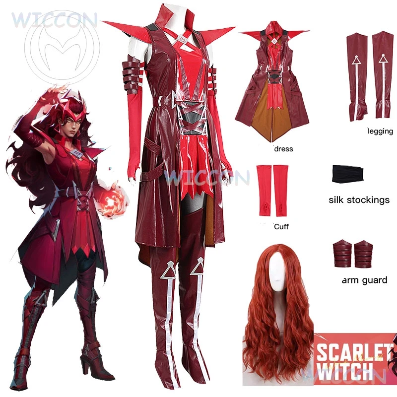 

MV Rivals Scarlet Red Super Hero Witch Cosplay Wanda Cosplay Costume Women Trench Cape Roleplay Game Event Halloween Fullset