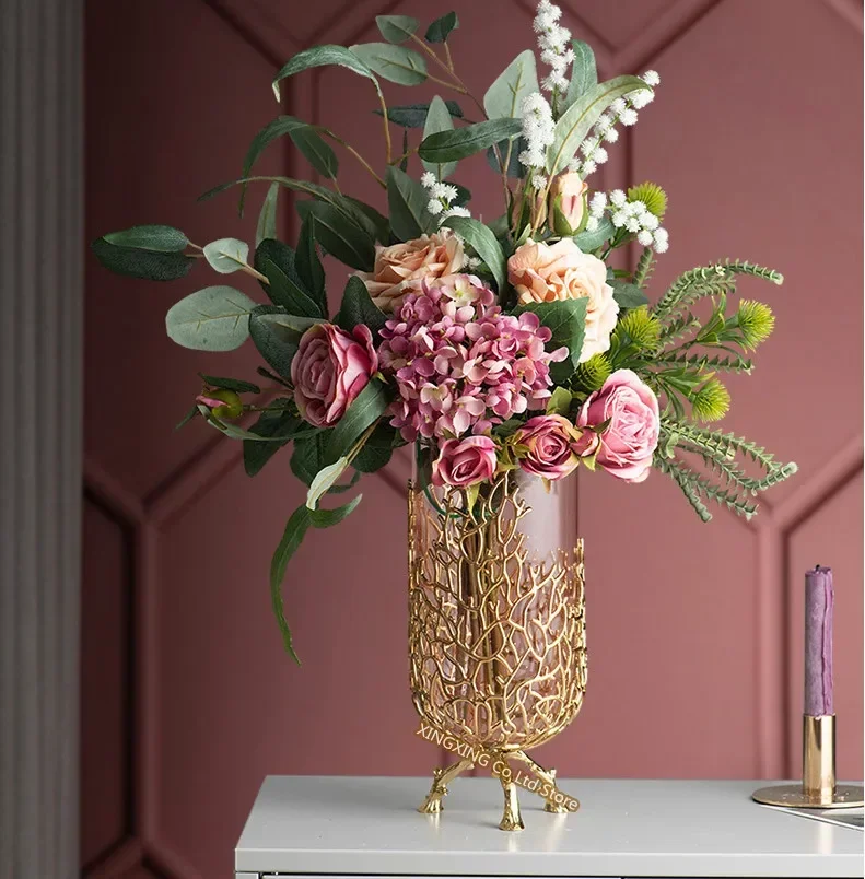 Gold Hollow Coral Vase Transparent Glass Vase Ornament Metal Rack Living Room Hydroponic Flower Arrangement Home Decoration
