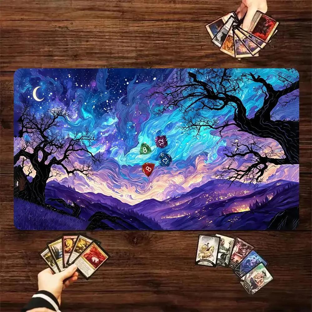Starry Swirl Night Sky Mountain Tree TCG Play mat With Game Zones Large Anti‑Slip Desk mat For Card Game Mouse pad