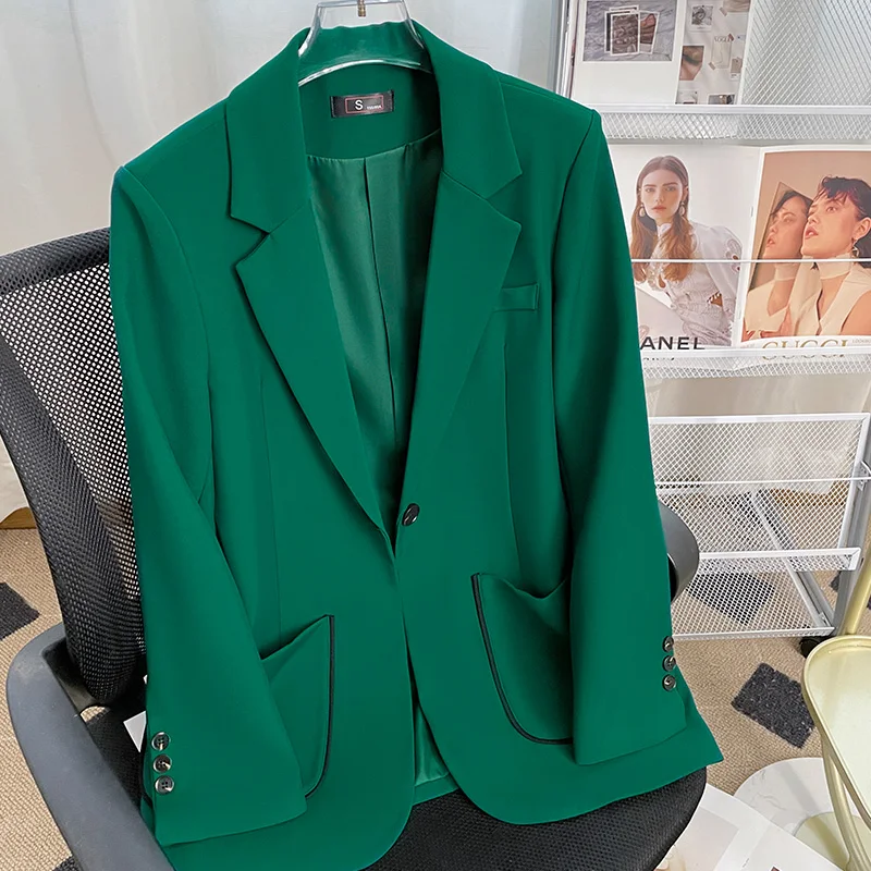 S-3XL Large Size Fashion Women Blazer Black Green Female Long Sleeve Double Breasted Loose Casual Ladies Jacket