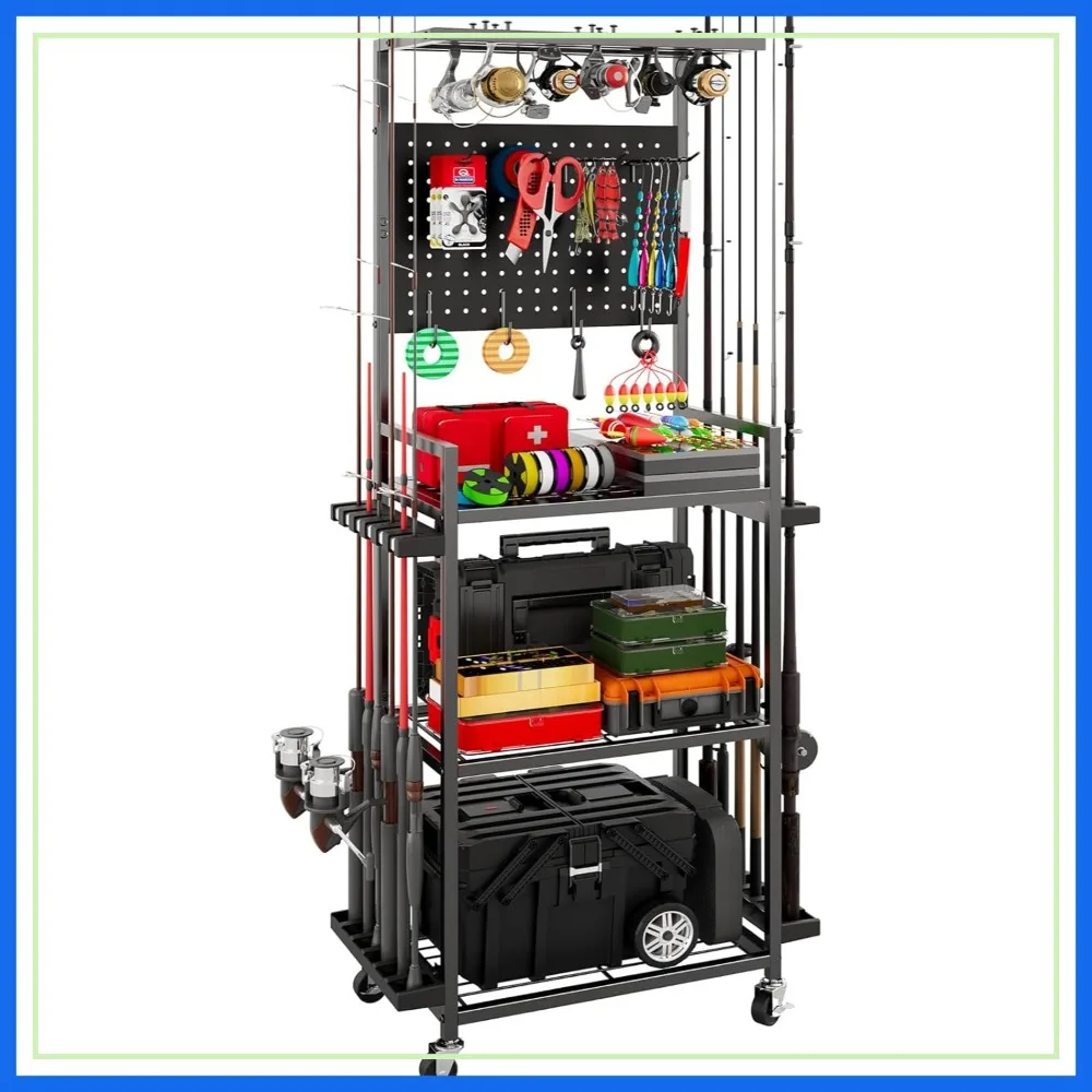 

Fishing Rod Holders for Garage, Storage Rack with Hooks & Wheels, Pole Organizer, Tackle Box & Reel Storage Black