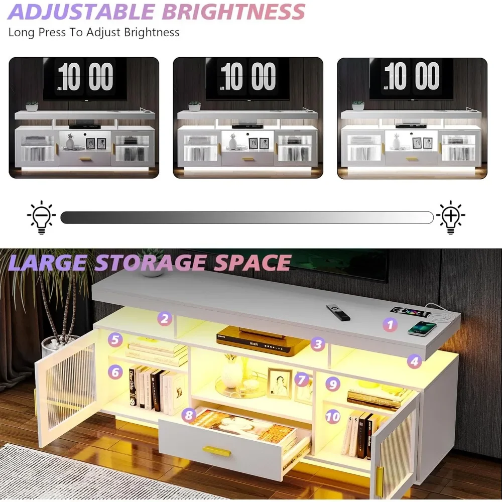 TV Stand 24-Color RGB, Auto Sensor LED Entertainment Center with Wireless Charging Station & Large Storage Cabinet, TV Stand