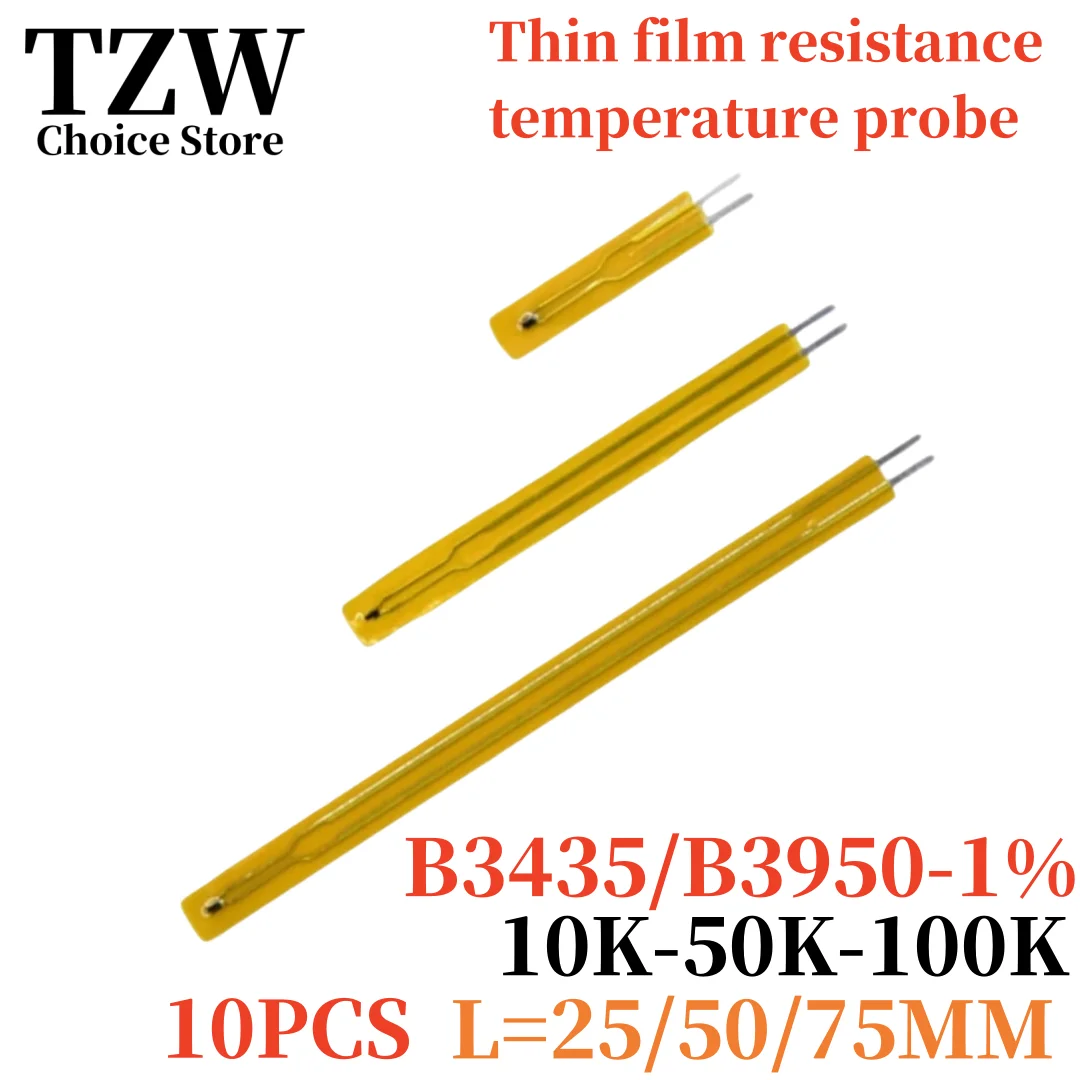 TZW 10PCS Termistorowy czujnik temperatury NTC Sonda rezystancyjna folii MF55 B3435 B3950 10K 50K 100K 25MM 50MM 75MM