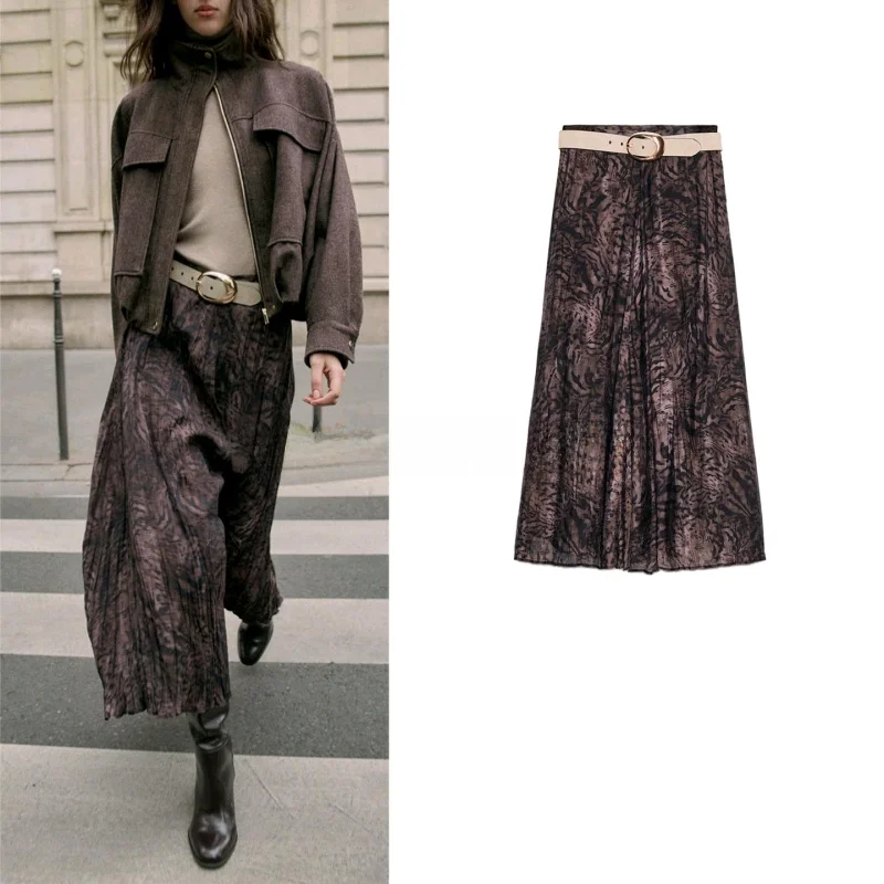 

High Waist Midi Skirt Autumn Winter New Sle Women's Faion Retro Print Belted f-length Skirts Ele Ladylike Sle