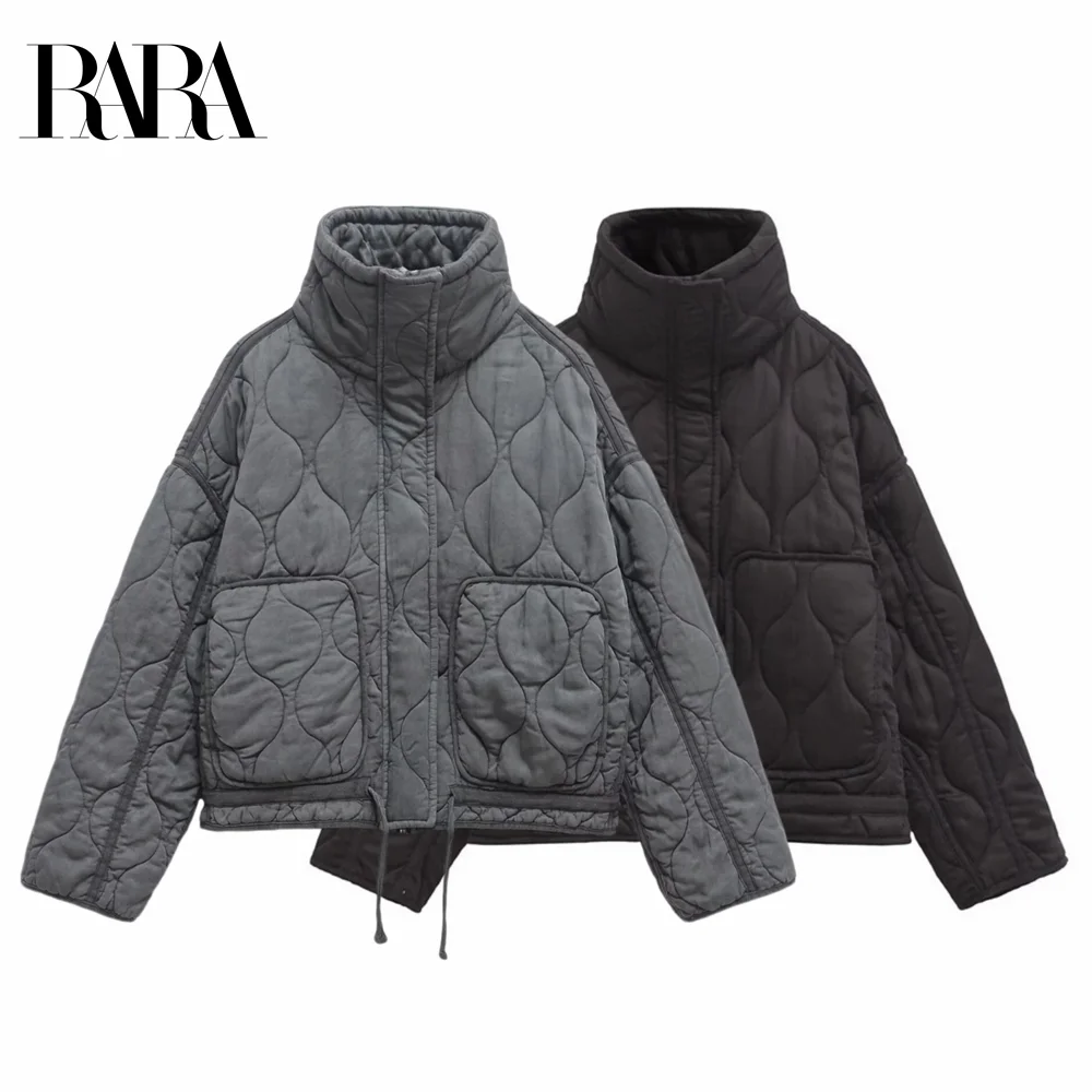 2024 RARA new winter women's style stand-up collar large pockets decorated with Tencel cotton straight quilted cotton jacket