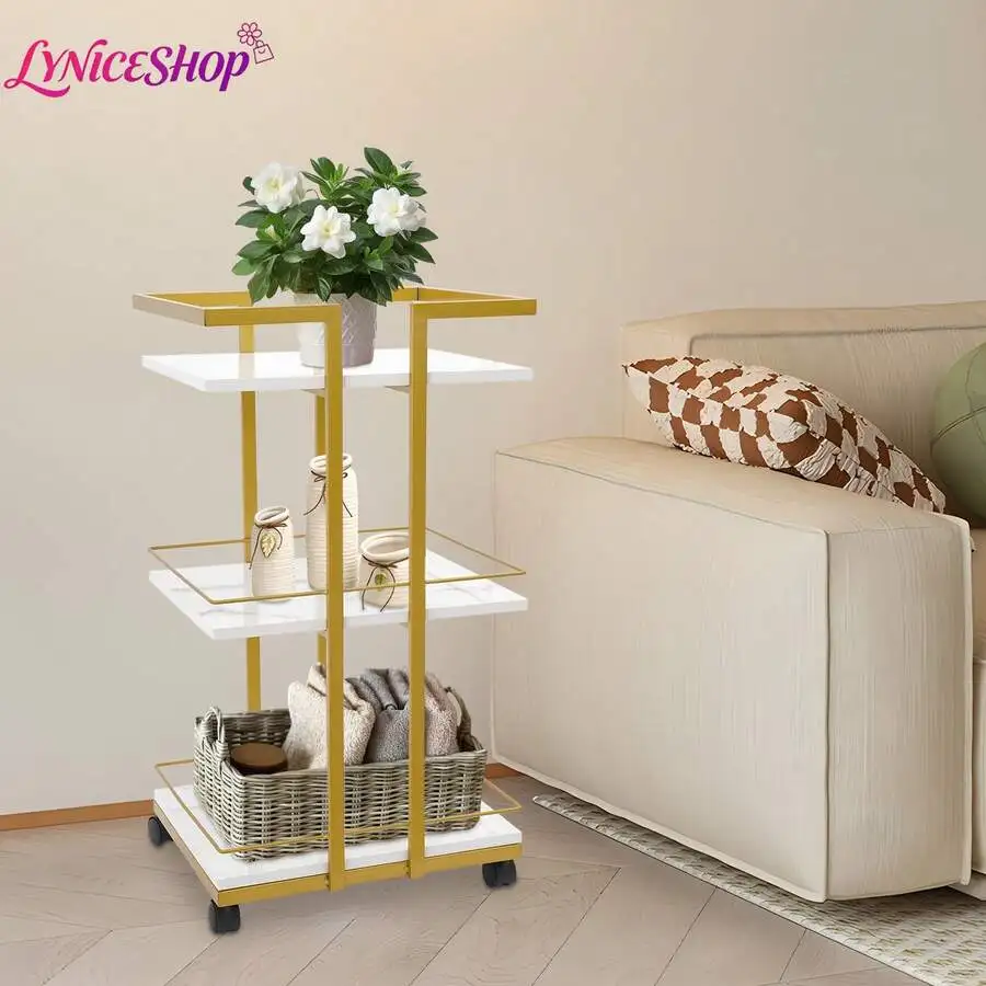 Rolling Storage Cart 3-Tier Metal & Wood Utility Trolley With Locking Wheels, 55lbs Capacity - Nordic Style Multi-Purpose Organi