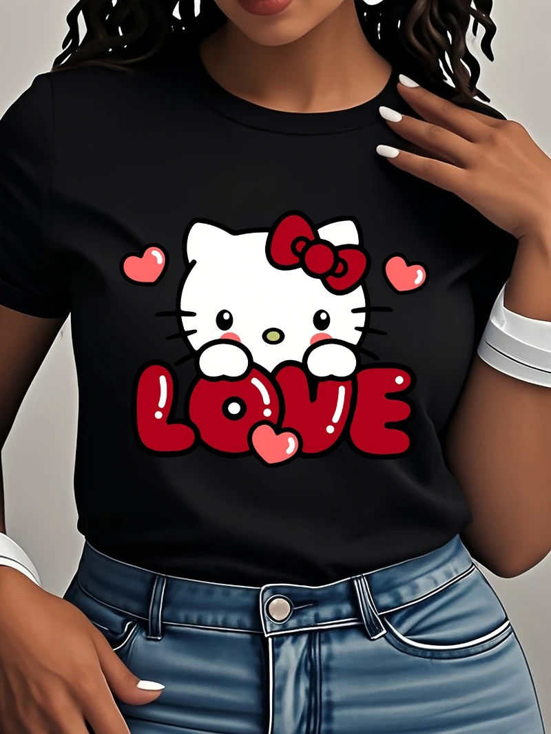 2025 مرحبا كيتي سانريو تي شيرت أبيض وأسود عادية طاقم الرقبة الراقية الفاخرة لكل من الرجال والنساء أفضل Y2k #1