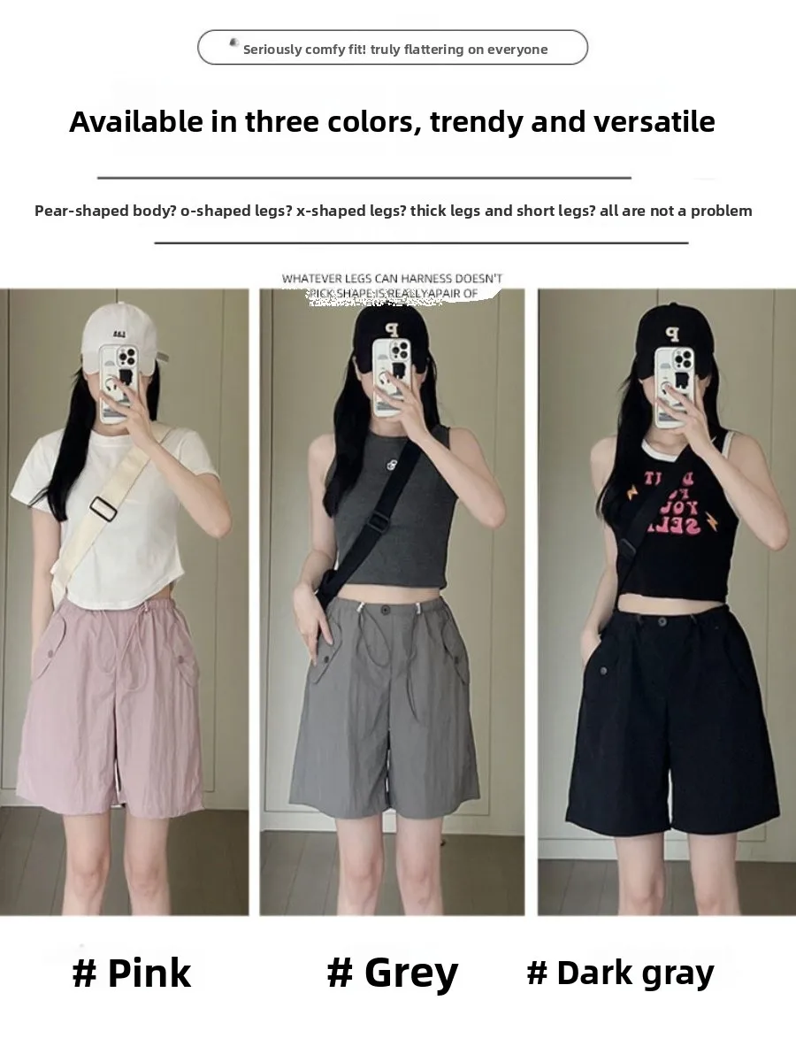 ey Workwear ort Pants Women's Winter Thin High Waist Casual Wide Leg Design Qui Dry Sports American Five-Quarter Pants