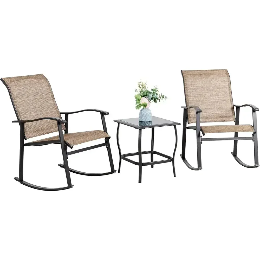 3-Piece Outdoor Rocking Patio Set with Textilene Fabric and Glass Table for Balcony, Garden, Poolside (Brown)