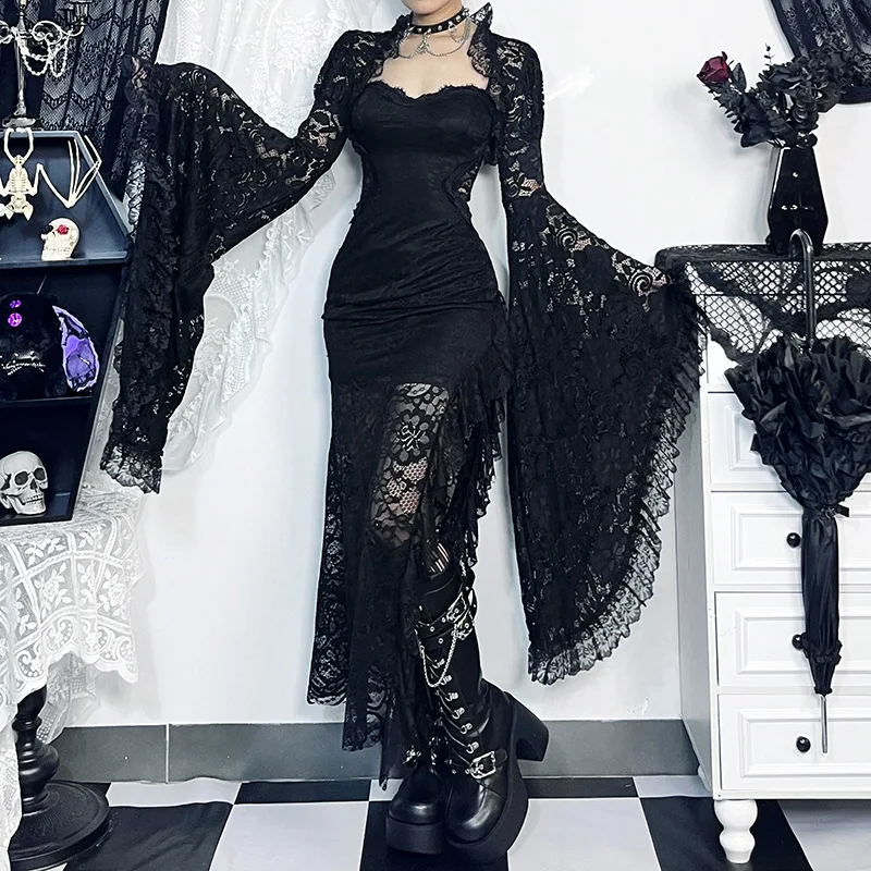 Gothic Classic Lace Cover Ups Women Mesh Crop Top See Through Sexy Flare Sleeve Blouse Y2k Black Rave Outfit Festival