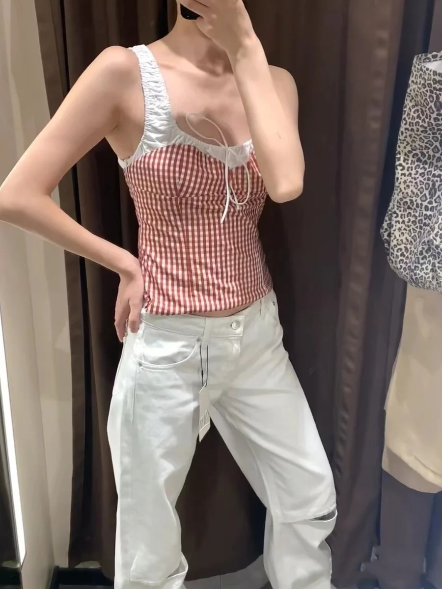 

Sweet Knot Plaid Patchwork ter Top Women's Faion Spring Summer New Arrival Slim Fit ort Length Cotton T