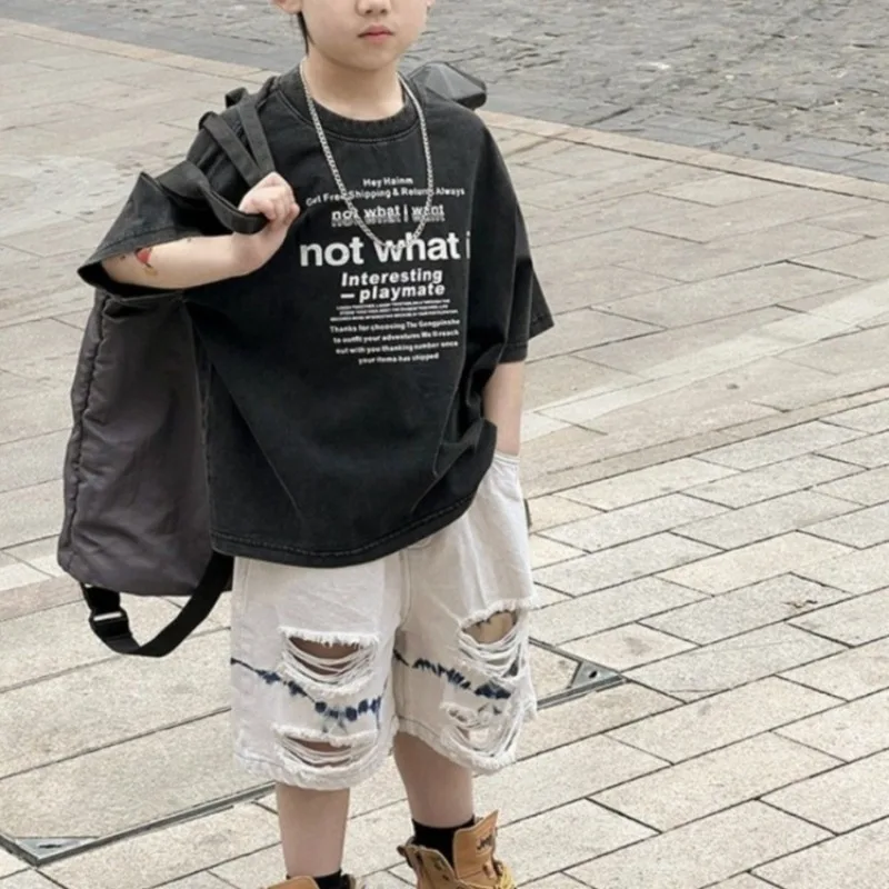 Boys' Summer Distressed Denim Shorts 5 Inch Lightweight Korean Japanese Streetwear Hippy Drip Art Jeans​