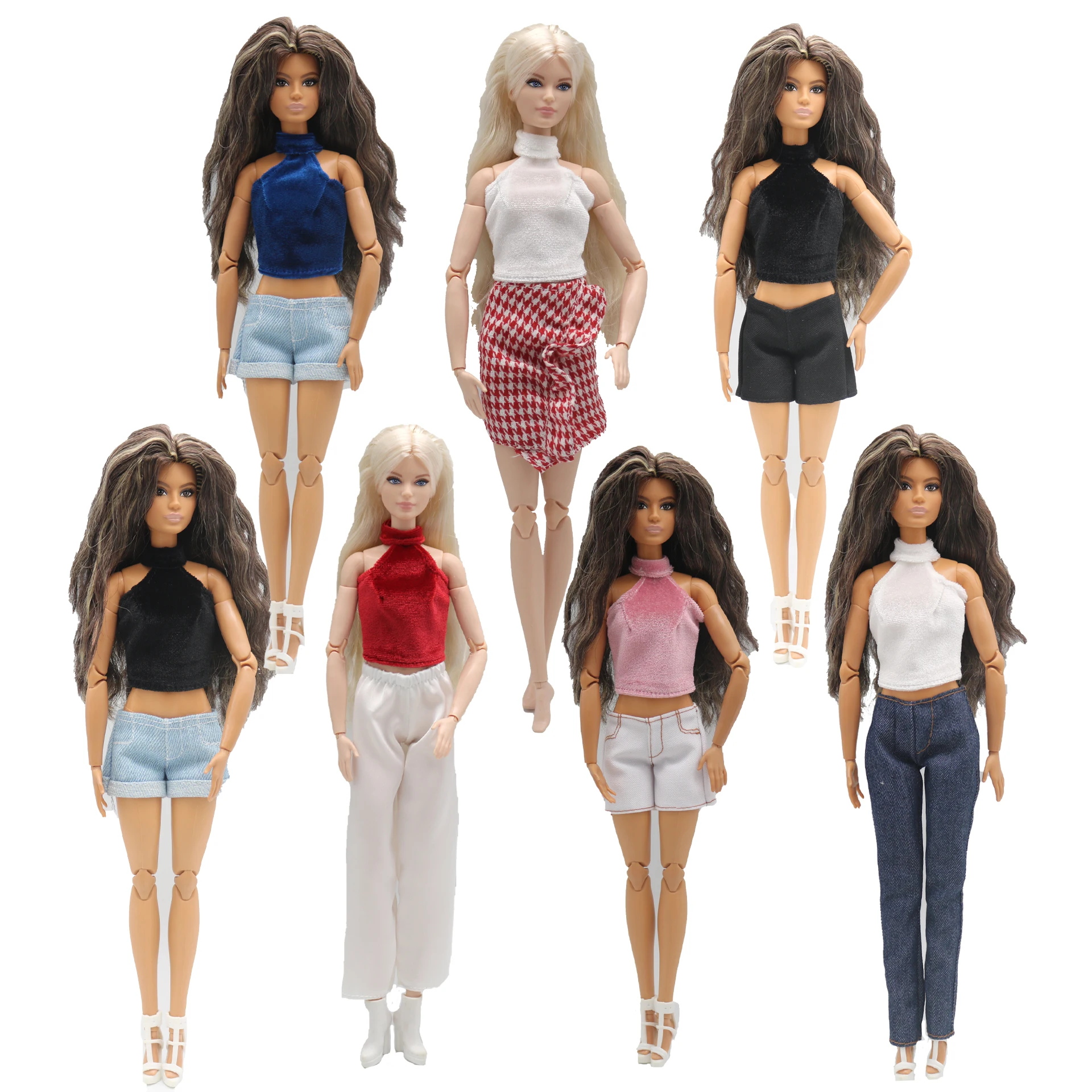 New 30cm 1/6 Doll jeans shorts velvet velvet halterneck vest set Daily Wear Clothes for Barbies doll Accessories