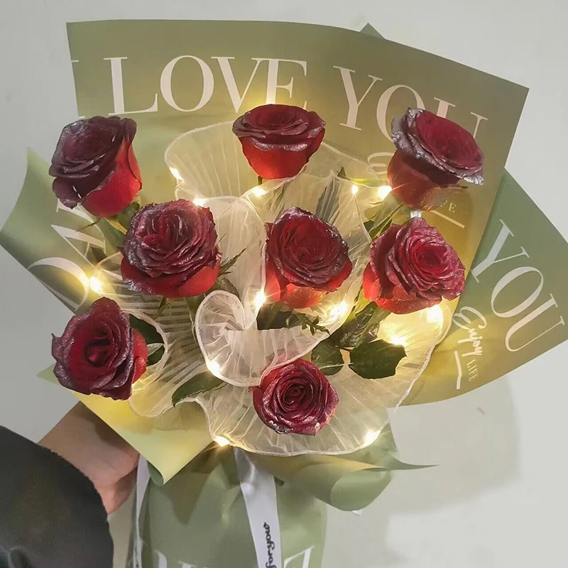 Papel de envolver de flores de hilo ondulado con luces Led, embalaje de regalo de ramo de boda de San Valentín, malla de encaje para decoración de