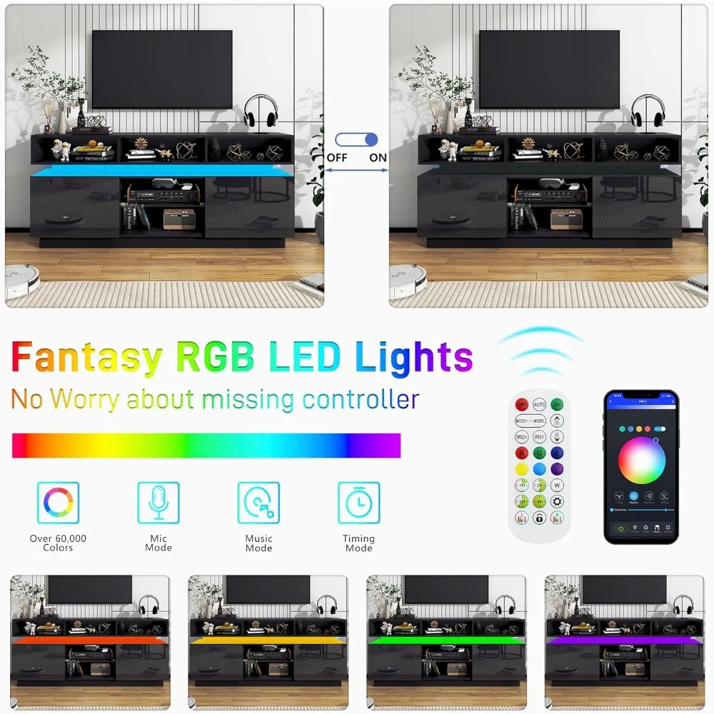 حامل تلفزيون LED حديث طويل القامة لأجهزة التلفاز مقاس 75 بوصة، ومركز ترفيه مع منافذ طاقة، ووحدة تحكم وسائط ألعاب عالية اللمعان