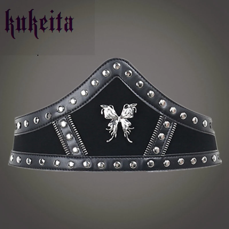 

Harajuku Gothic Punk Metal Butterfly Rivets Black Waist Belt Grunge Vintage Streetwear Elasticity Sashes Women Girls