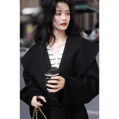 High Quality Women Woolen Jacket Double-sided Bathrobe Pattern White Black Grey Cashmere Wool Coat Lace Up For Autumn Spring S