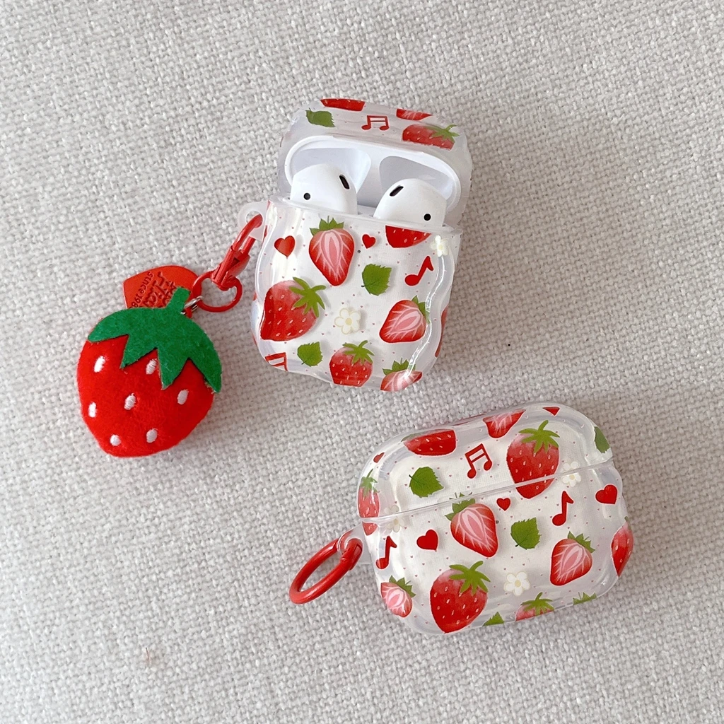 Fresh Sweet Strawberries Love Heart Musical Notes With Pendant Earphone Case Cover for AirPods 1 or 2 3 4 Pro 2 Pro 3