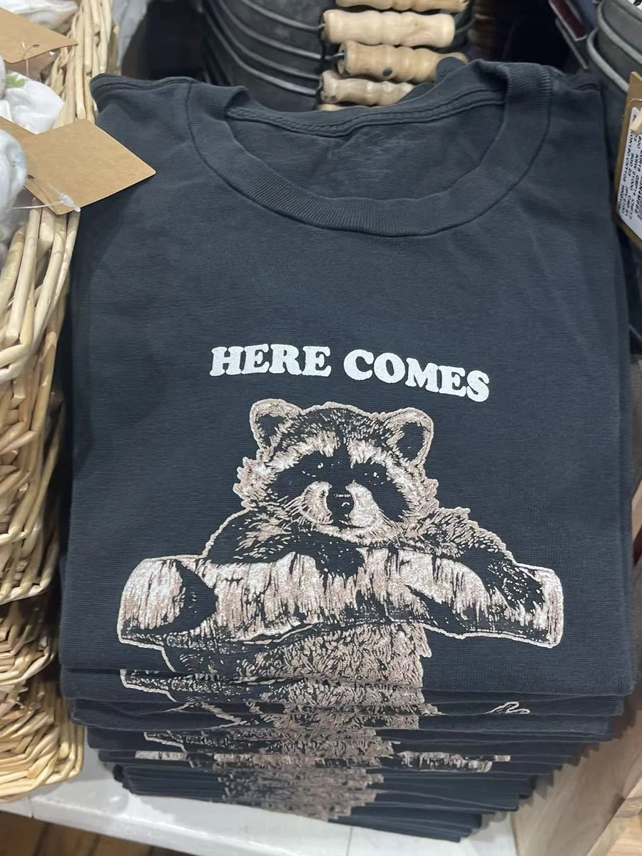 Raccoon Print O-neck T-shirts Women Streetwear Fashion Black Cotton Short Sleeve Tees Vintage Cute Preppy Style Tshirt Y2K Tops