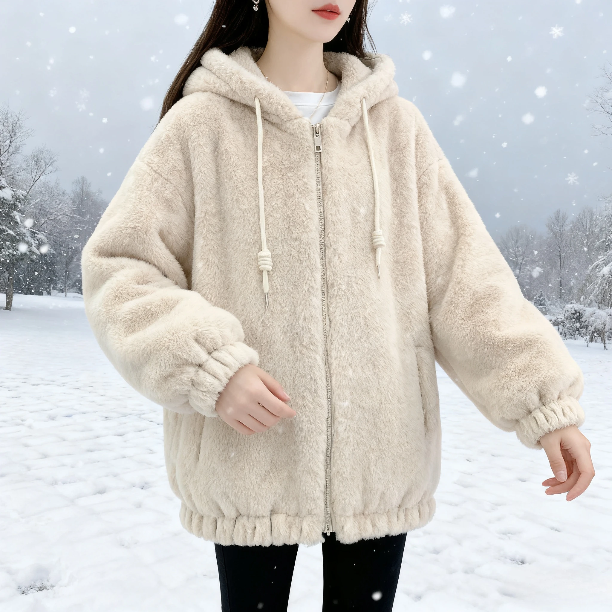 Faux Fur Coats Mid Length Jackets Women Hooded Coat Thick Warm Y2k Streetwear Jacket Zipper Casual Loose Outerwear Autumn Winter