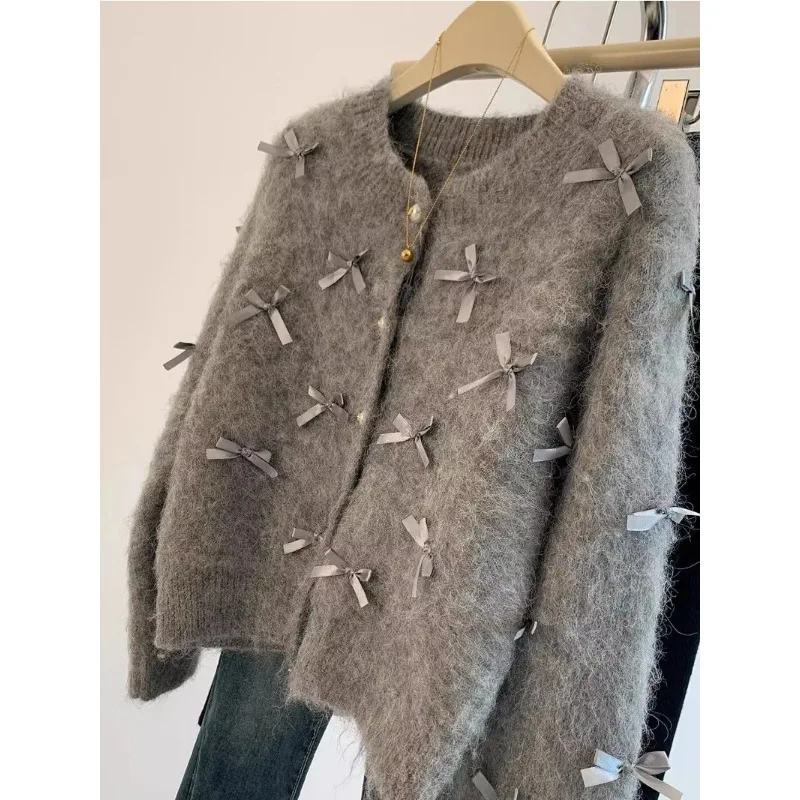 Fall/Winter 2024 Grey Bow Sweater Femininity High Soft Mohair Knit Cardigan Coat Casual Top