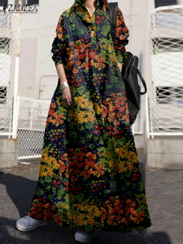 2024 ZANZEA Women Autumn Dress Vintage Floral Print Long Sleeve Sundress Bohemian Lapel Neck Loose Holiday Vestido Cotton Dress