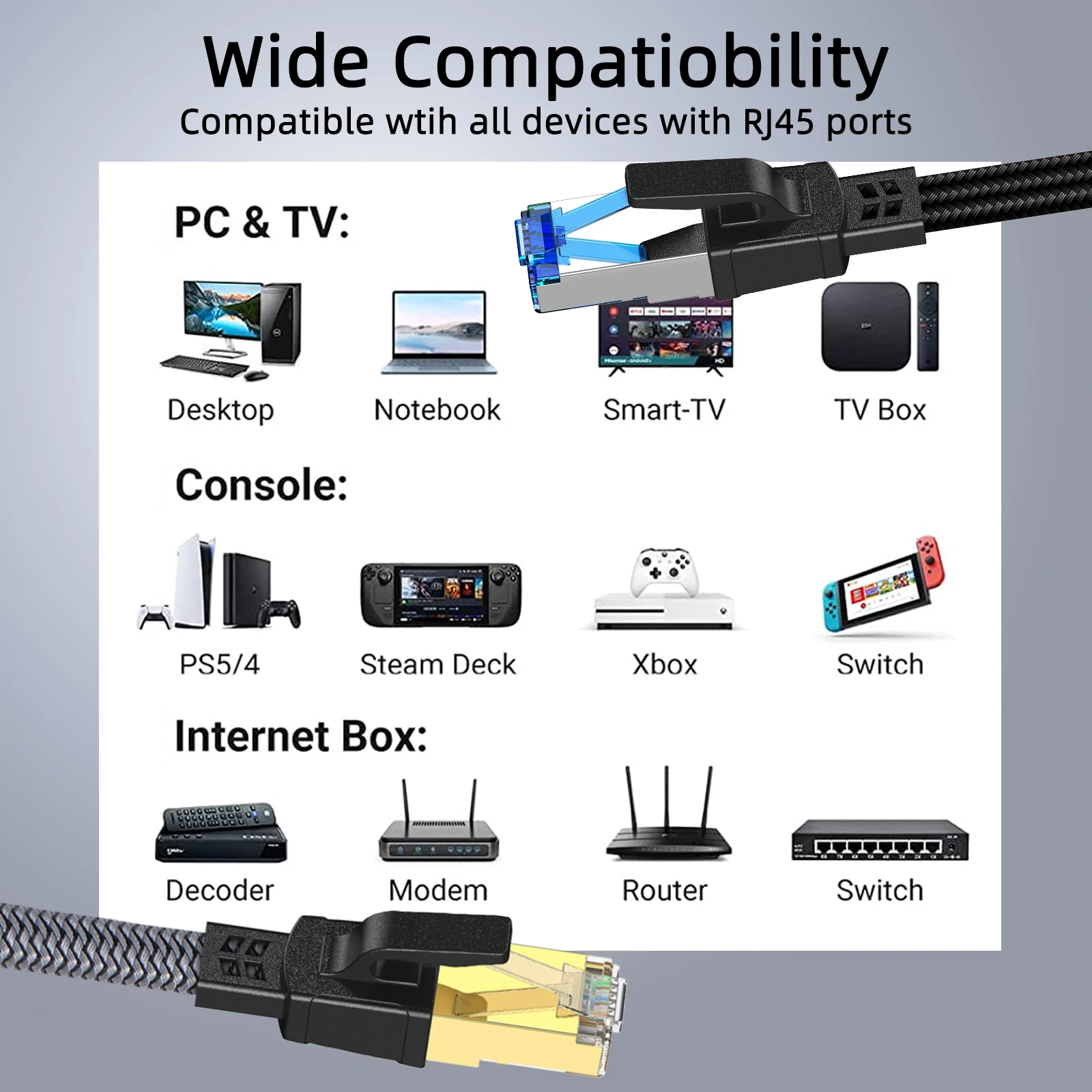 D-Sunty Ethernet-Kabel, CAT8, 40 Gbit/s, geflochtenes Nylon-Netzwerk-LAN-Kabel für PC, Modem, Laptop, PS 5, Router, RJ45, Flachkabel, Ethernet, Cat 8 – Detail 7