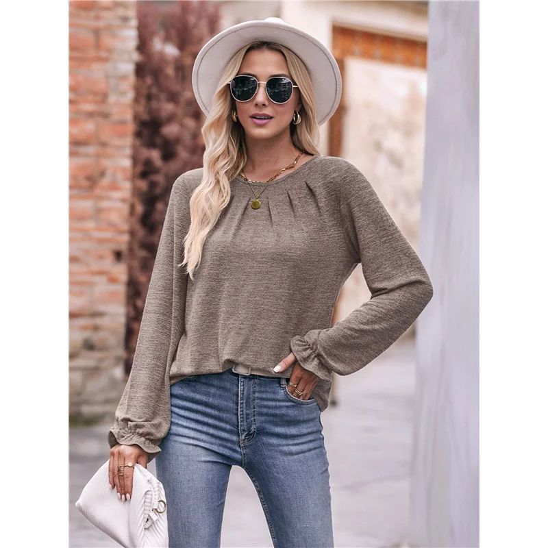 

NEW-Long Sleeve Shirts For Women 2025 Fashion Fall Dressy Casual Blouses Pleated Crewneck Tunic Tops