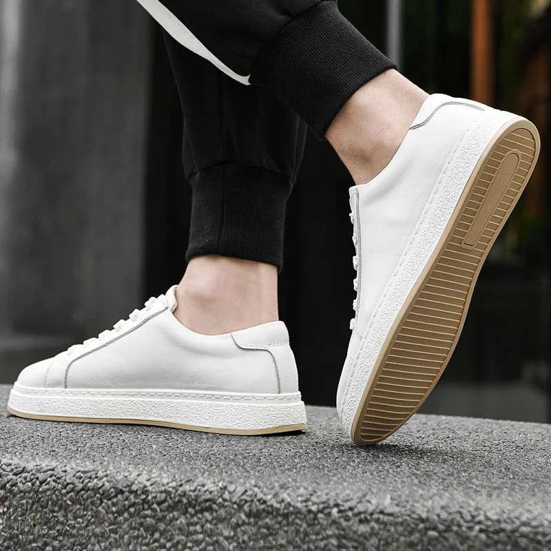 Chaussures de skate pour hommes en cuir véritable – Baskets de marche souples, décontractées et tendance_voghion.com