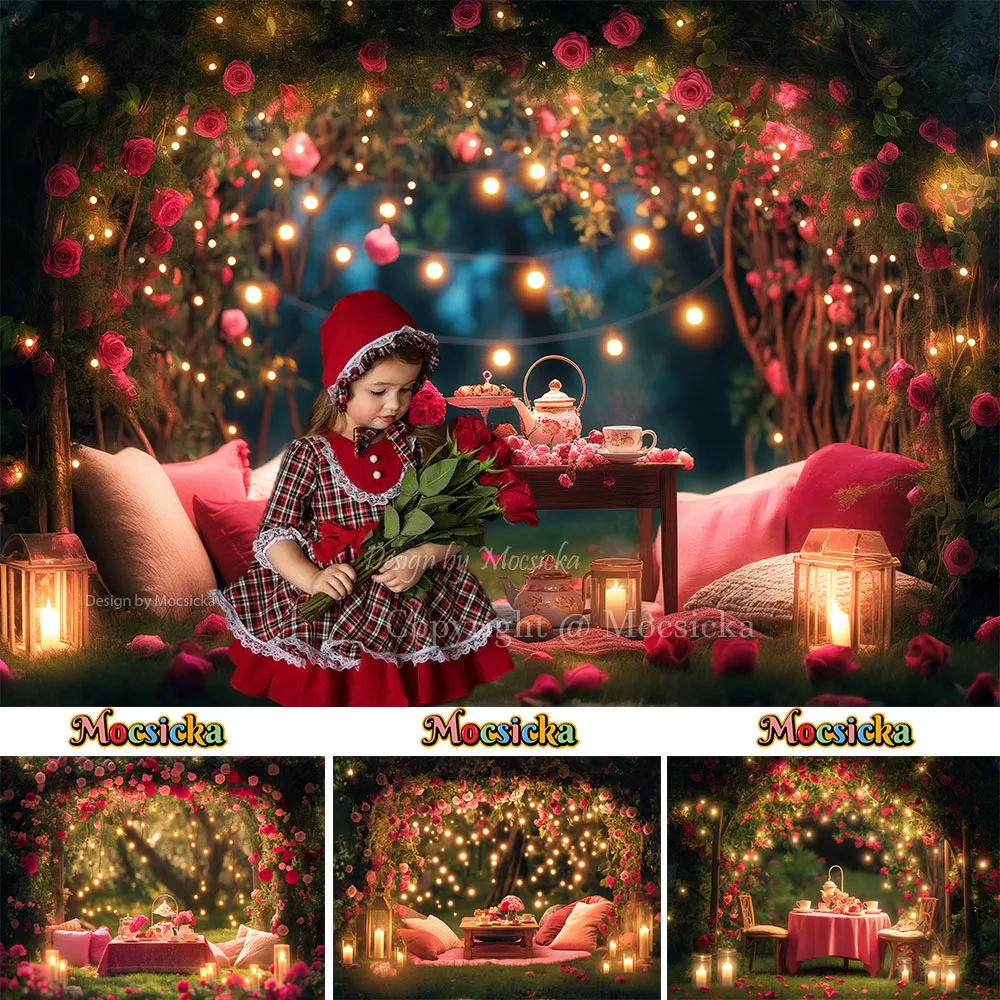 

Mocsicka Valentine's Day Night Background Glitter Light Flower Bush Tea Party Backdrop Decor Girl Birthday Party Photo Studio