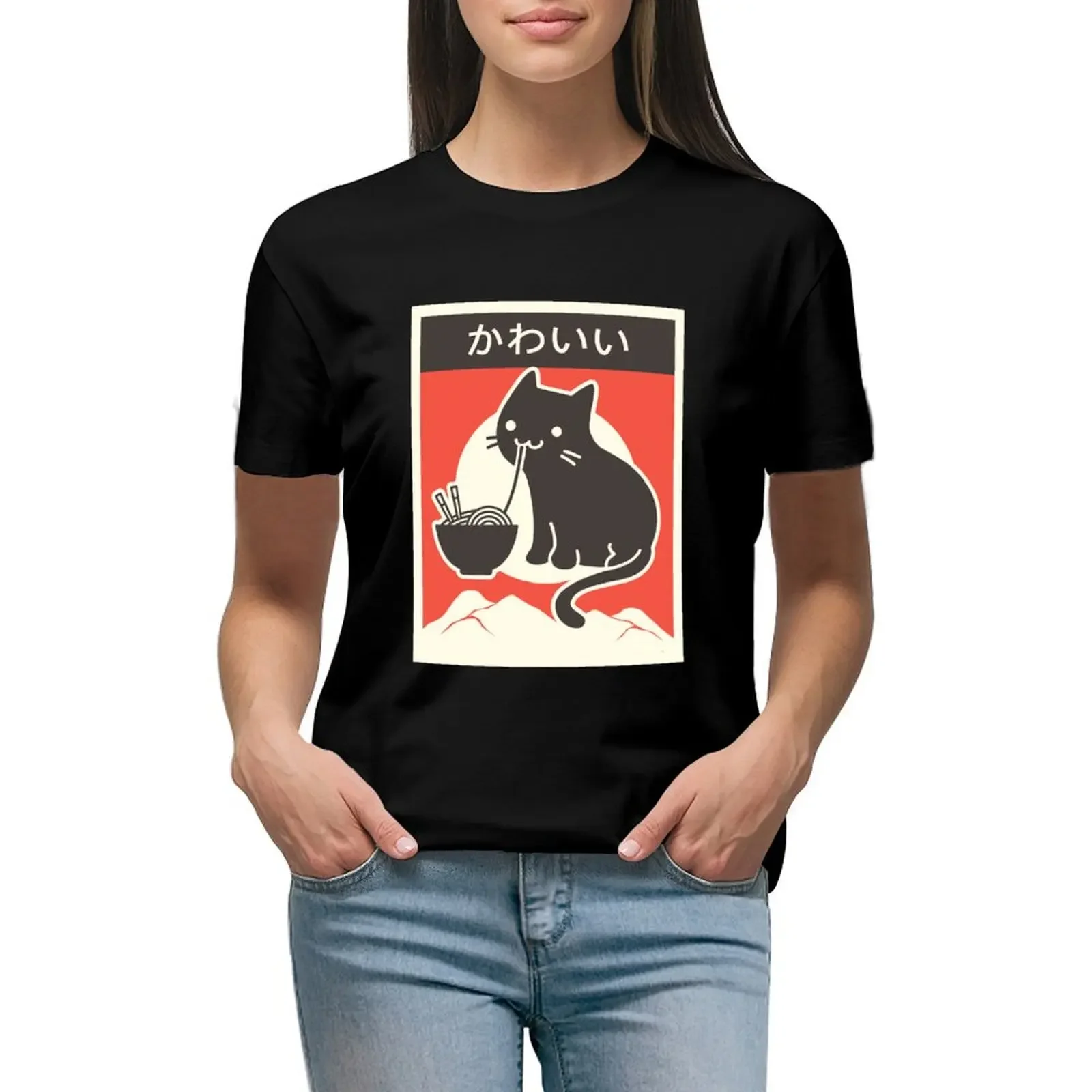 

Kawaii Vintage Style Japenese Ramen Cat T-Shirt anime funny sports fans plus sizes funny t shirts for Women